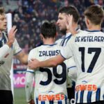 L'esultanza dei calciatori dell'Atalanta dopo il gol